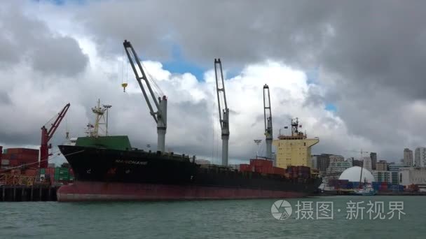 货物船工人装卸集装箱在港口的奥克兰新西兰