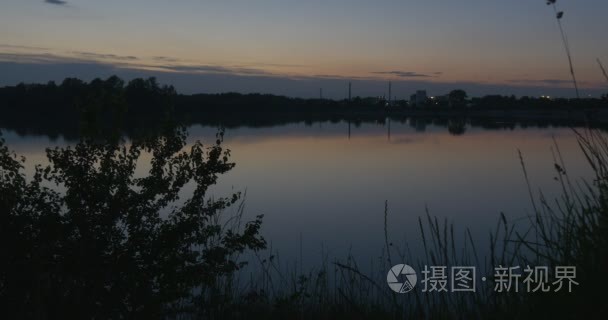 Pond  Blue Sky  Sity Lights on a Horizon  Smooth Water  Evening 