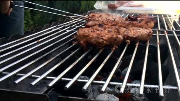 烹饪上烤架特写的肉过程视频