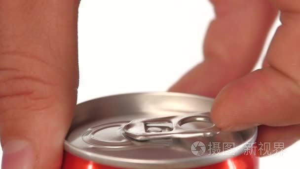 Hand opening can  on white  slow motion