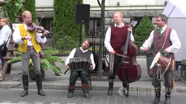 young boys country band playing live folk music. 4K