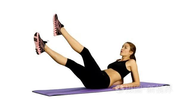 Woman doing strength exercises for abdominal muscles  Gym. white