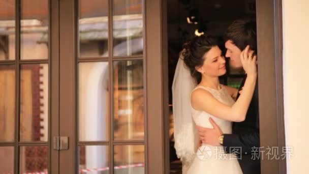 Wedding Day Young Bride And Groom Looking At Each Other With Lov