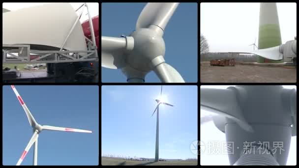 Wind turbine parts and assembly works. Windmills spin. Collage.