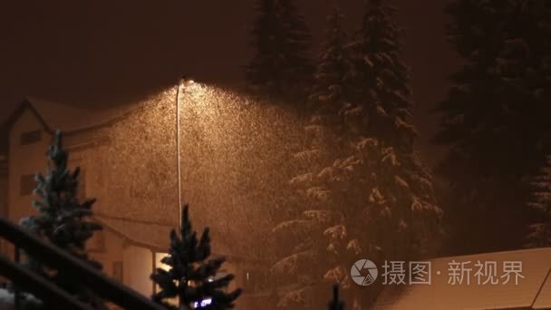 晚上在路灯柱上的背景上下雪视频