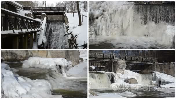 溪瀑布层叠复古桥梁冻结冰冰柱冬天