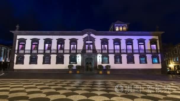 Funchal town hall and square with a fountain at night timelapse 