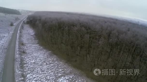 飞行过冰雪覆盖的森林和冬路视频