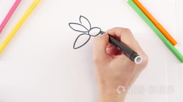 Woman drawing the bee using different felttip pen on white pape