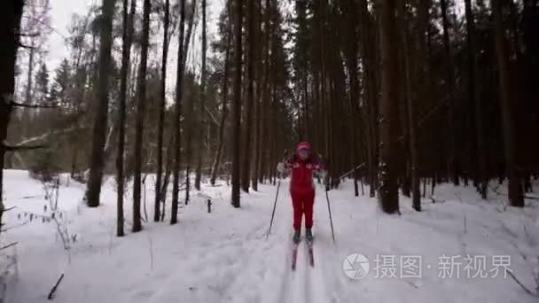 祖母越野滑雪独自一人在自然视频