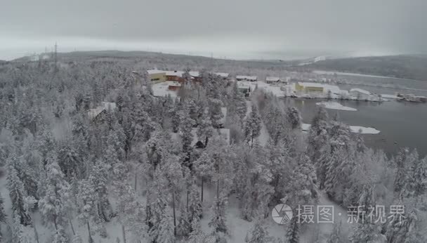 冬季休闲松木材的水在飞越视频