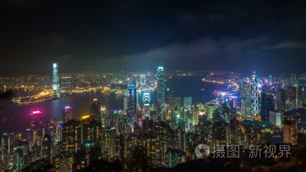 中国香港高明亮的夜晚城市全景 4 k 时间流逝