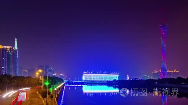 中国广州市桥河广州塔夜全景 4 k 时间流逝