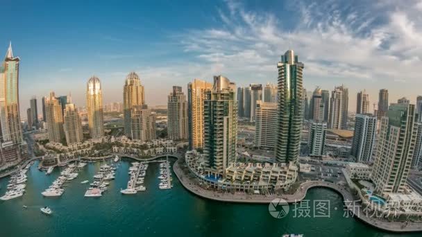 Beautiful aerial top view at sunset timelapse of Dubai Marina in