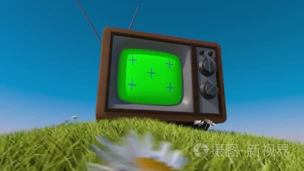 山上长满草的旧复古电视机。3d 动画。跟踪您的内容
