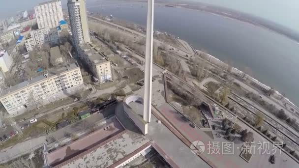 Flying over city waterfront in Volgograd  Russia