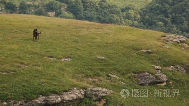 骑手骑马行走在田野在俄罗斯。山上覆盖绿色植物。树木