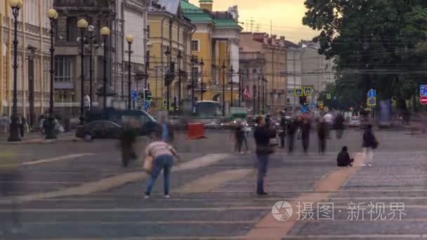 Evening in Saint Petersburg timelapse. Unknown people walking to