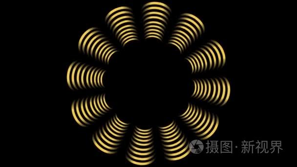 动画的金色装饰上黑色 bakcground 幻想花形状。几何的金元素旋转、 金梯度带边缘的视频