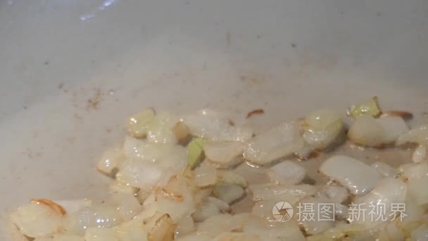 煎锅潘炒洋葱特写的制备慢动作视频