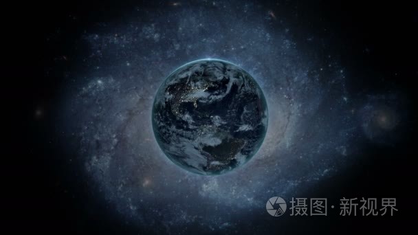 从太空看到的地球上空的日出。与星星背景。逼真的 3d 动画