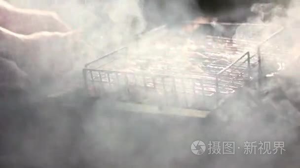 烤羊肉串被准备在烟气中烧烤视频