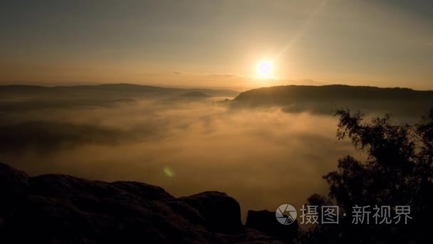 在岩石帝国公园在天亮前的粉红色时刻。砂岩峰林增至雾背景，雾蓝色或粉红色。时间流逝