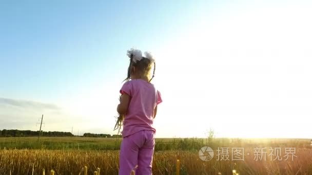 戴眼镜的女孩子在球场上收集秸秆。她带走稻草的秸秆已经收获场