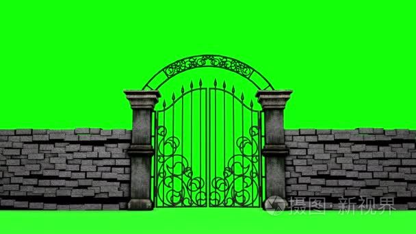哥特式大门打开绿色背景,3d 动画短视频