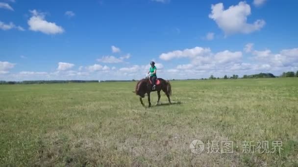 骑在绿地里的马的年轻女子视频