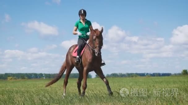 骑在绿地里的马的年轻女子视频