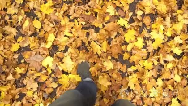 特写镜头的脚走在秋天的落叶