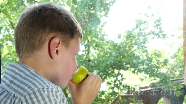 男孩吃苹果和看着车窗外视频