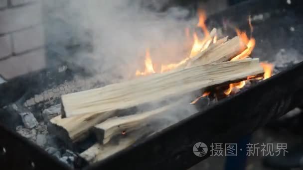 木材燃烧铁烤架上视频