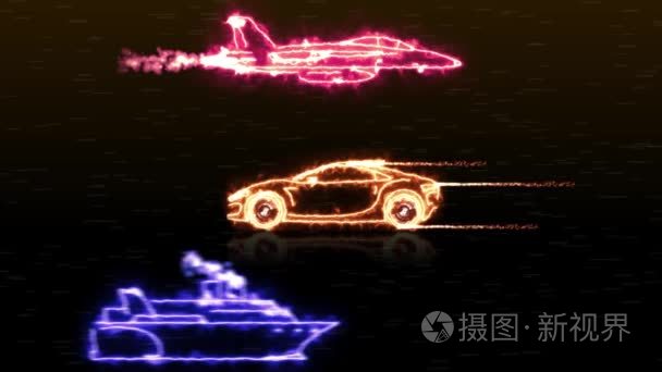 抽象的颜色运输车船和喷气飞机用光束线框图在黑色背景上的动画。突出现代运输车辆运动图形设计技术