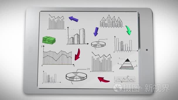 商务，市场营销和财务的多彩统计动画涂鸦 graph 图表和图表用于背景演示文稿标题的智能手机平板电脑屏幕上