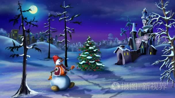 雪人和魔法城堡附近的圣诞树