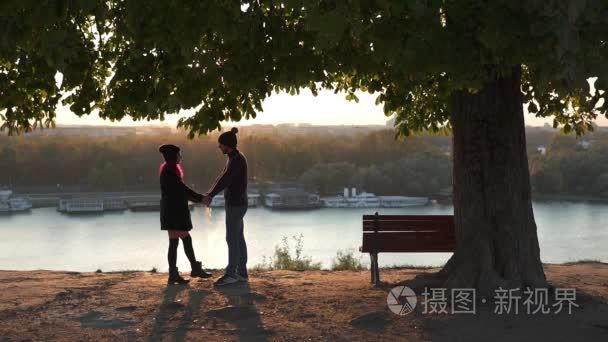 情侣接吻在夕阳下一棵树视频