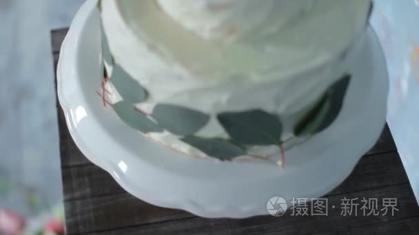 白色蛋糕美术在桌子上。新鲜的叶子