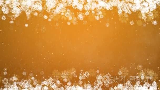 圣诞帧在金色的背景上。抽象与发光雪花 星星和雪的冬季卡