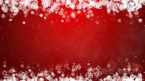 红色背景上的圣诞帧。抽象与发光雪花、 星星和雪的冬季卡