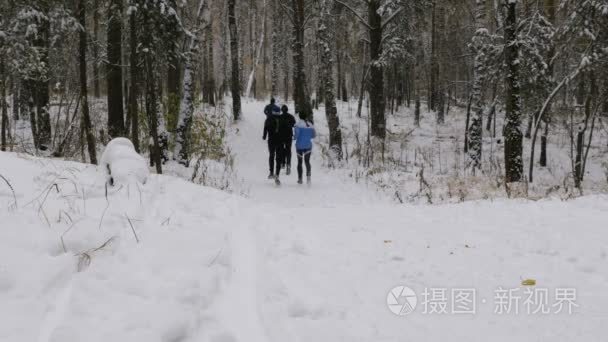 组的运动员跑步者在雪中运行冬季森林