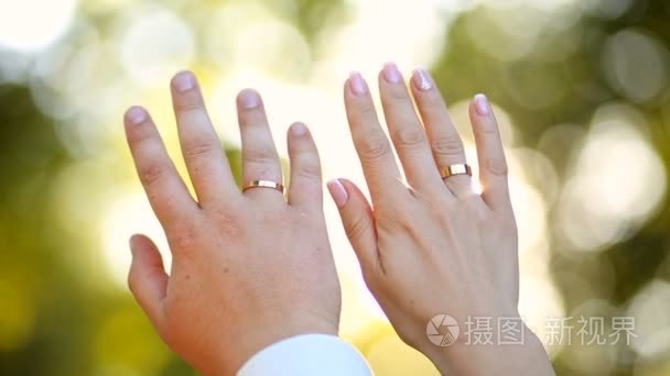 新婚夫妇展示他们的结婚戒指视频