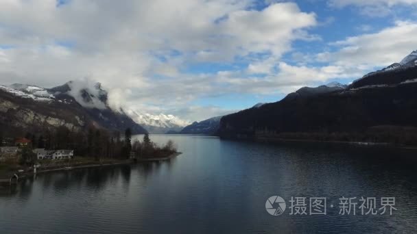 在树覆盖山川湖飞越视频