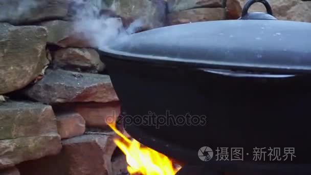 铸铁锅在火上烹饪肉视频