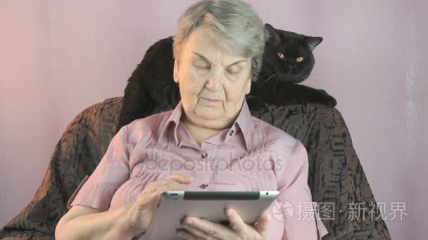 老妇坐在扶手椅旁边的黑猫视频