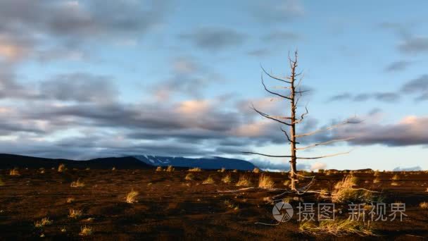 时间流逝。在领土的朽木地区，覆盖着一层填料的火山灰上的日落。直升机旅游停车。地方奇克火山喷发。堪察加半岛，俄罗斯