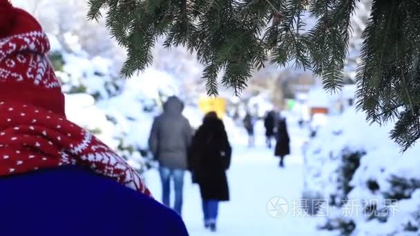 在冬季公园里散步的女人的背影视频