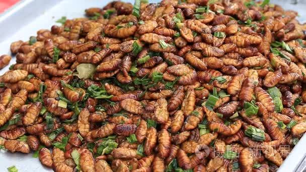 食用烤五香膳食蠕虫，泰国街头食品煎炸的 Bug。炒幼虫是泰国市场上的食物