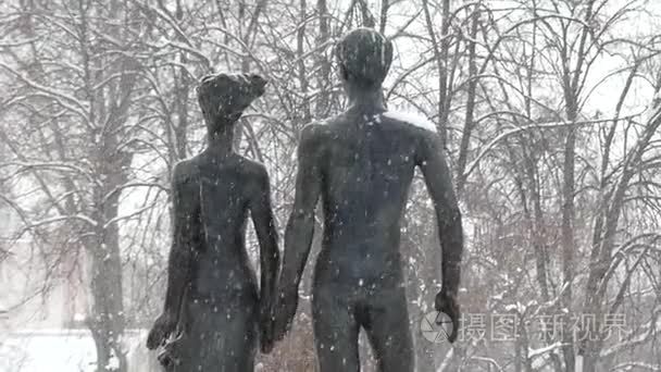 在雪公园的年轻夫妇纪念碑视频